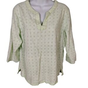 Fresh Produce Women Med Green Eyelet Cotton 3/4 Sleeve Split Neck Top peasant